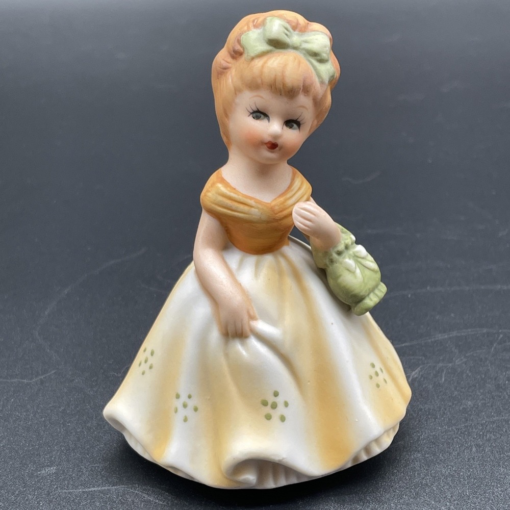 Girl Yellow Dress Green Bow Figurine Hand Painted Bisque Porcelain Eyelashes